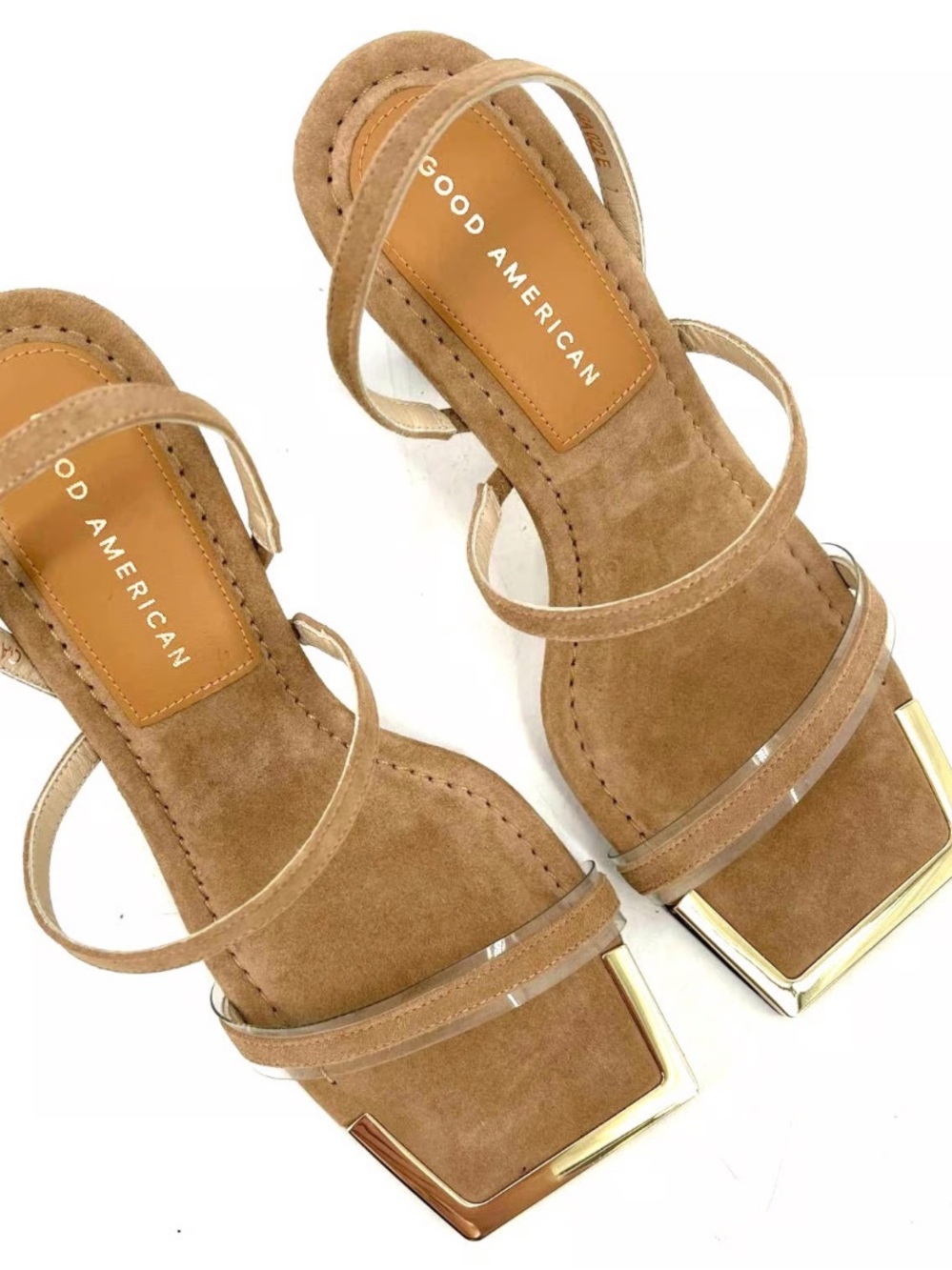 NWOT Good American “Standout” Nude Suede Square Toe Heels with Gold Trim Sz 8.5 - Picture 11 of 11